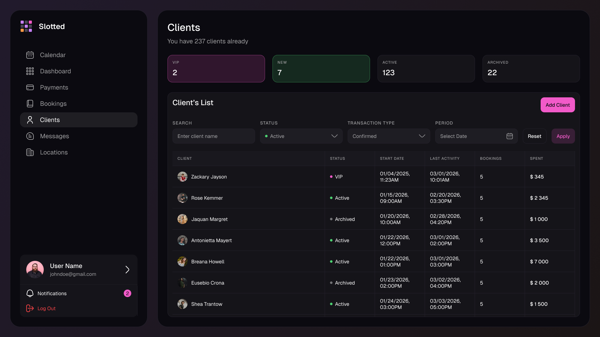 Slotted client profile showing booking history, status, and spend.